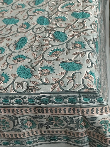 Indian Hand Block Print Cotton Floral Tablecloth, Rectangle, French Style - Picture 8 of 9