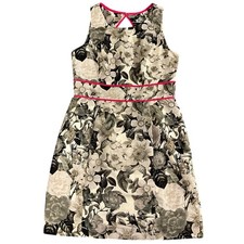 Eliza J. Sz 10 Shift Dress Lined Green Gray Floral Pink Trim Gold Zip Key Hole