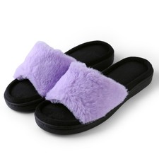 Women's Open Toe Fluffy Slipper Slides Faux Fur Strap, Plush Fleece Interior