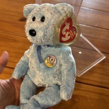 NWT 2002 Beanie Babies 10 Year Anniversary Decade Blue Silver Bear Case Unused