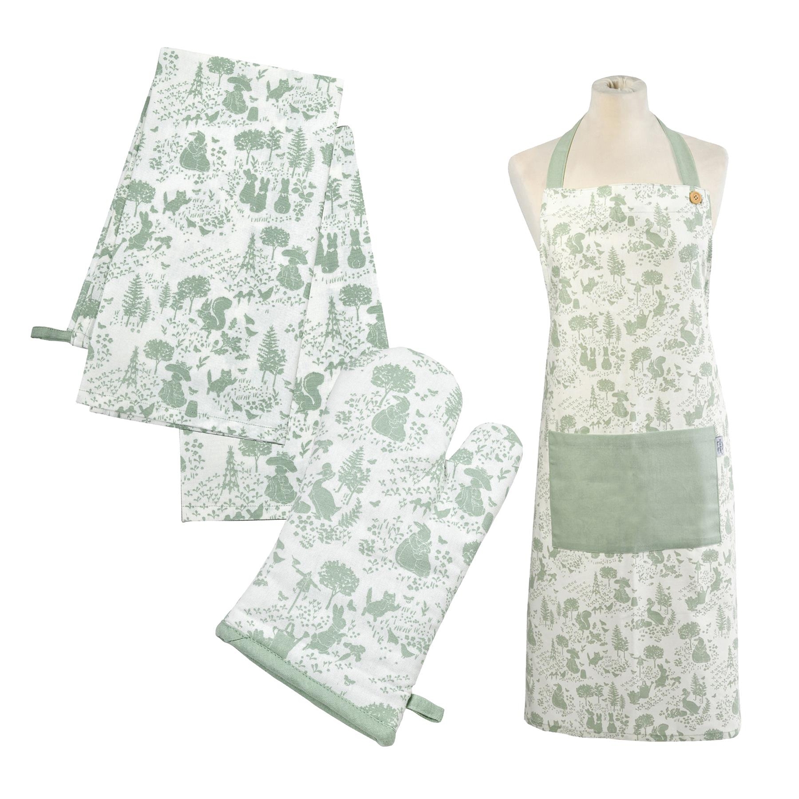 Peter Rabbit Classic Cotton Apron, Tea Towels & Oven Gauntlet Set - Green