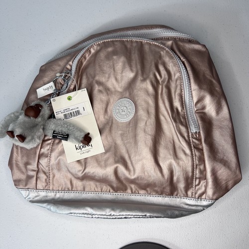 NWT Kipling Keefe Adjustable Backpack Bag Rose Gold Pink Metallic Charm