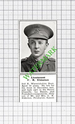 Lt F R Elderton 2nd R Warwickshire Regiment Epsom WW1 - c.1918 SMALL Cutting