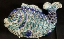 New Silver With Royal Blue  Aqua Austrian Crystal Fish Hard Shell Clutch Bag
