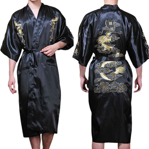 Men Satin Chinese Dragon Kimono-Silk Bathrobe Pajamas Sleepwear Gown Bath Robe - Imagen 29 de 52