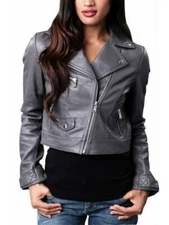 NOORA Women's Lambskin Grey Leather Crop Biker Jacket Bolero Shrug Style Jacket