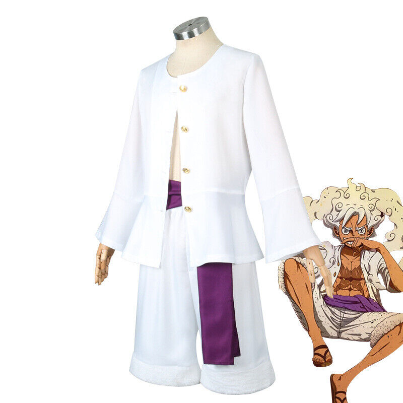 Luffy Cosplay Gear 5 Nika Traje Homem Adulto Roupa Branca Top Pants Chapéu  Fato De Halloween Festa Para