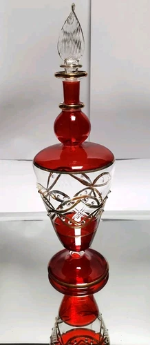 Egyptian Hand Blown Vtg 8 3/4" Glass Perfume Bottle W/Stopper Red w/Gold Accents