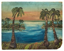 Primitive Tropical Coastal Landscape Painting, Palm Trees and Ocean Sunset