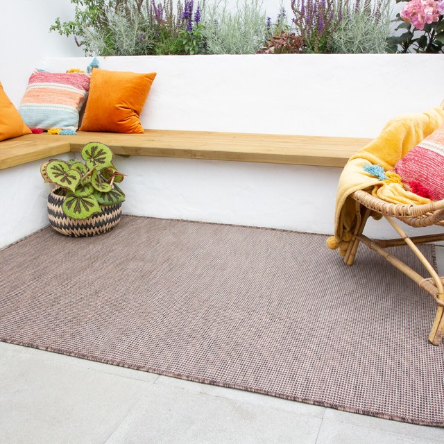 Modern Plain Brown Washable Rug Plastic Flatweave Indoor Outdoor Rug