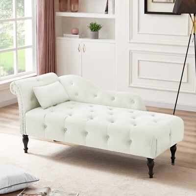 60'' Velvet Chaise Lounge Couch Buttons Tufted Nailhead Solid Wood Legs w/ Pillow