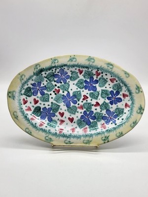 Susan Leader Studio Pottery Spongeware Blue Floral Red Hearts Catchall Tray