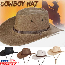 Mens Summer Bucket Cap Cowboy Fedora Hat Wide Brim Linen Straw Mesh Outdoor Hats