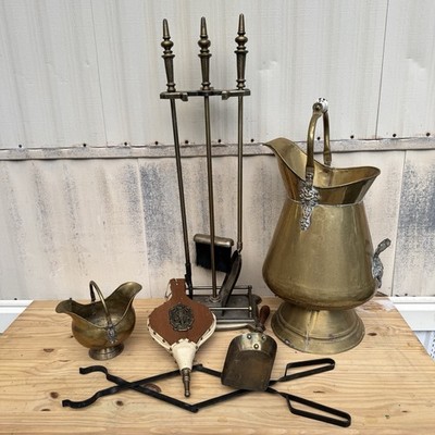 Vintage Brass Fireplace Tool Set Japan + Coal Scuttle Bucket