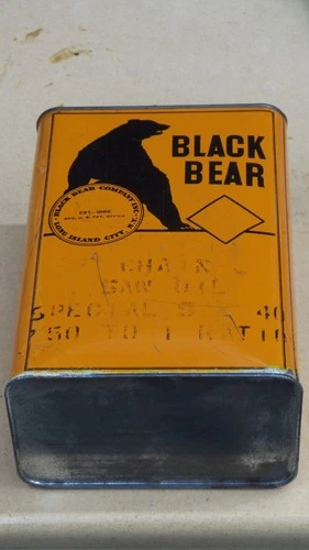 Vintage Black Bear Chain Saw Oil Can Metal Gas Advertising Sign ~FULL~NOS~RARE