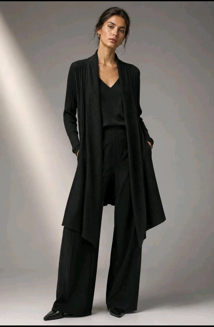 ZARA Black Ribbed Longline Drape Knit Cardigan Size S/M