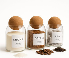 Livabl Tea Coffee and Sugar Canisters Set - Set of 3 Unique Cork Ball 500Ml Glas