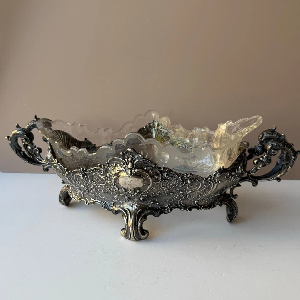 Antiguo centro de mesa alemán de plata cuenco jardinero inserto de vidrio principios de 1900 Foto 3 de 4