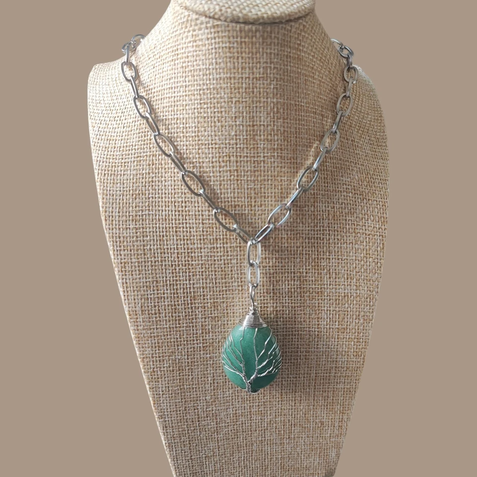 Handemade Halskette Edelstahl Silberfarben  mit Anhänger Grüner Aventurin - Bild 2 von 3