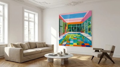 Sommerhaus Träumerei Acrylglasbild Midcentury Art Deco XXL Wandbild bis 95x95 cm