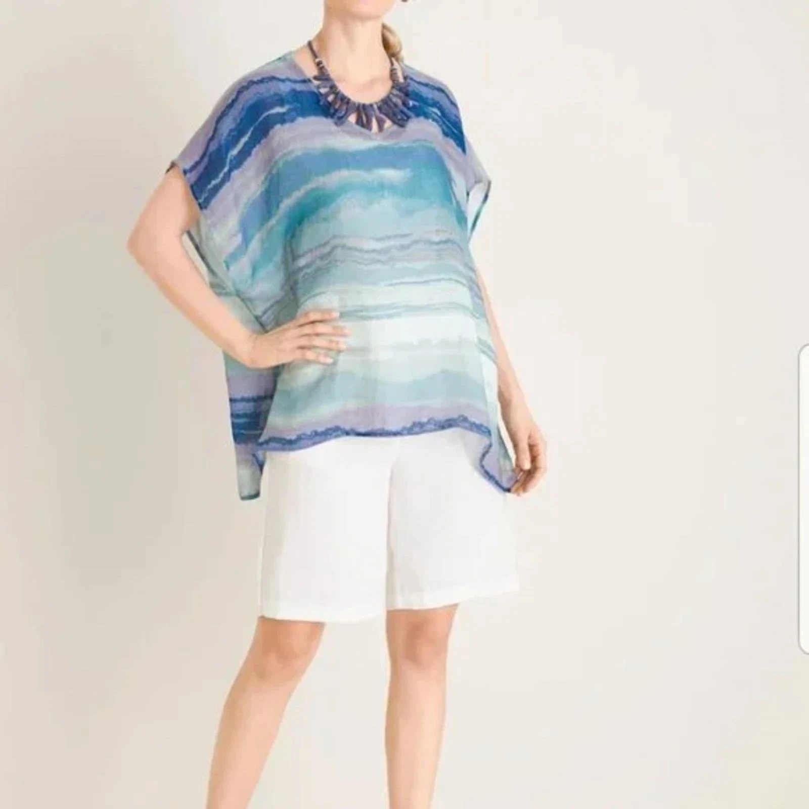 Chico's Linen Mineral Wash Stripe Poncho Shirt Blouse S/M Watercolor Abstract