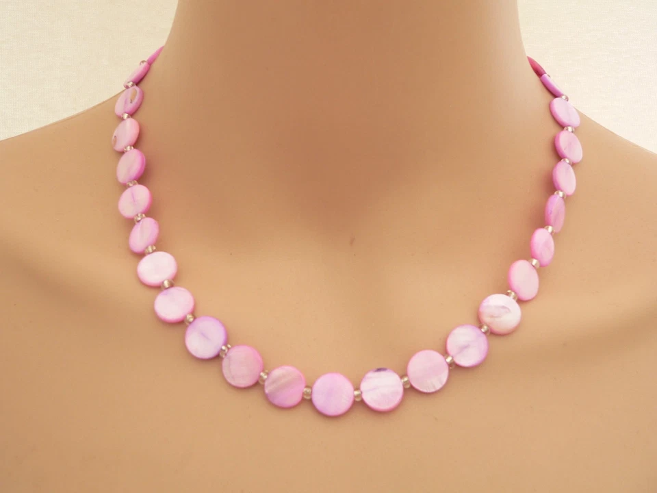 Halskette Kette Collier Muschel Perlmutt Scheibe 10mm pink/rosa/violett 405r - Bild 3 von 4