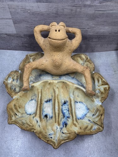 Vintage Studio Art Pottery Drip Glaze Catch All Tray W/ Whimsical Relaxing Frog
