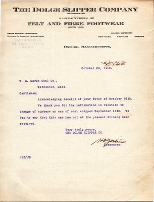 1918 The Dolge Slipper Co. Letterhead Felt Footwear Oxford MA Ephemera