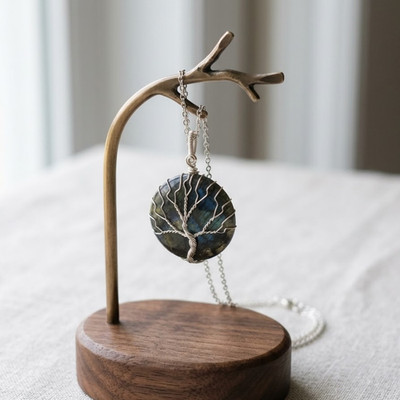 Certified Labradorite Round Pendant, Elegant Silver Wire Wrapped Necklace