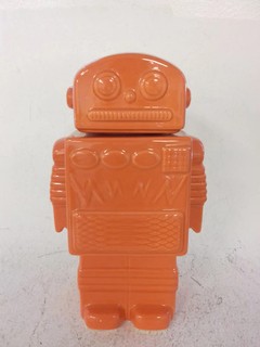 Orange Ceramic Robot Storage Jar Removable Head Lid Retro Style