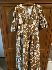 Brown Floral Cotton Puffed Elbow Sleeve Deep V Neck Dress Romantic Feminine L