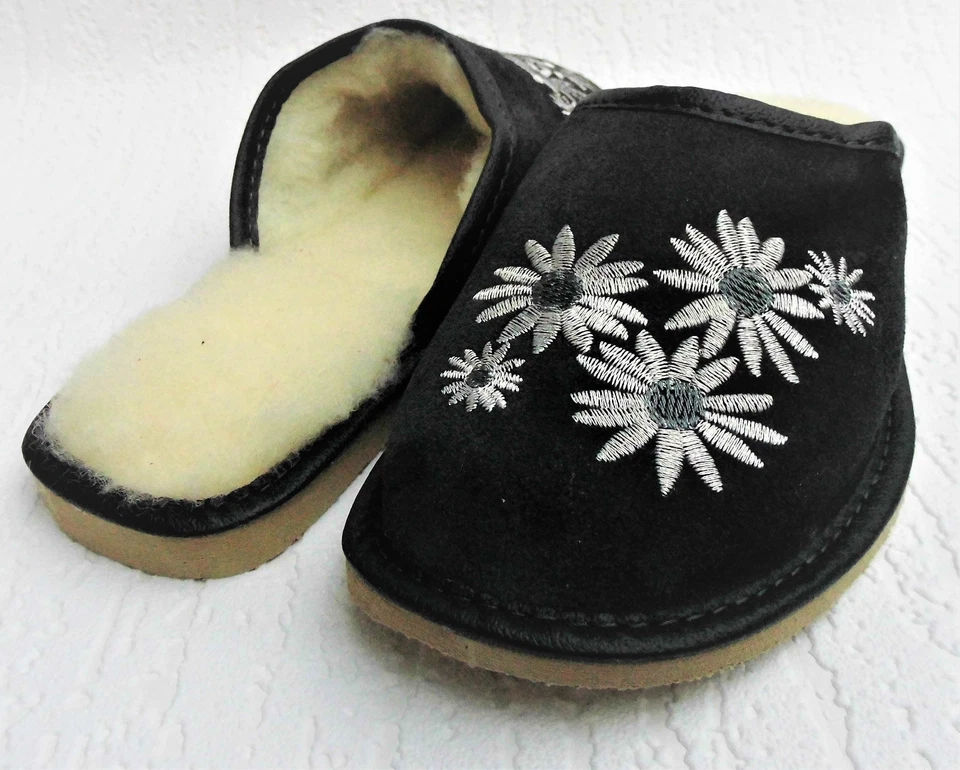 WARME Hausschuhe Pantolette Gr.35 Wild LEDER+Schurwolle+bequem Dunkel Blau - Bild 4 von 4