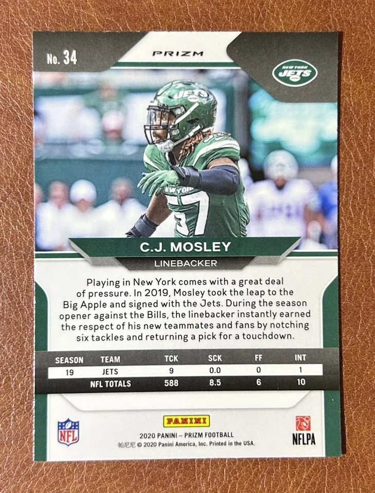 C.J. MOSLEY Red White & Blue 2020 Panini - Prizm Football # 34 New York Jets LB - Image 2 of 2