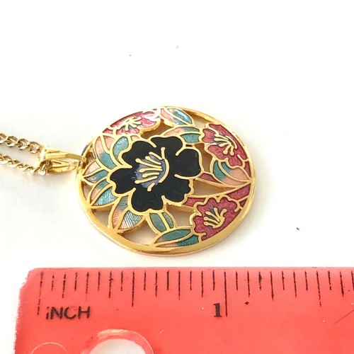 Vintage Black Red Green Cloisonné Orchid Necklace Enamel Flower Gold Plated - Picture 10 of 10