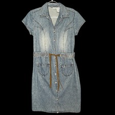 Y2K 90s Vintage Denim Dress Size Medium 8 Belted Western Shirt Jean Festival