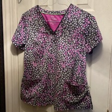 HEALING HANDS PREMIERE 2266 WOMENS GRAY PINK PATTERNED SCRUBS TOP SZ MEDIUM