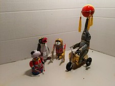 4 Blic Tin Wind-Up Toys Penguin, monkey, Panda, Elephant Riding Bike Vintage 