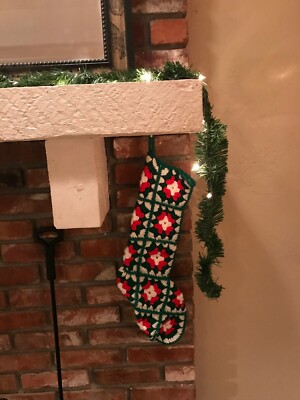 Vintage  Knit Granny Square Holiday Stocking Red Green White Yarn
