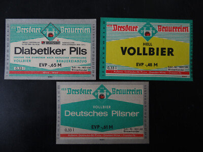 3 GDR Beer Labels VEB Dresden Breweries, Saxony, Germany --2)