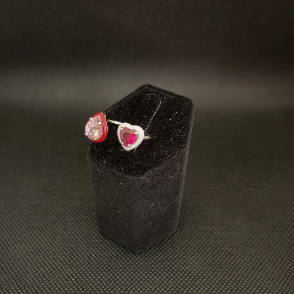 Toi Et Moi Pink & Red Heart Pear CZ Rhodium Plated .925 Enamel Ring - Image 2 of 4