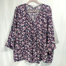 Fun 2 Fun Womens 3X Boho Popover Top Pleated Accent Buttons 3/4 Sleeves Floral