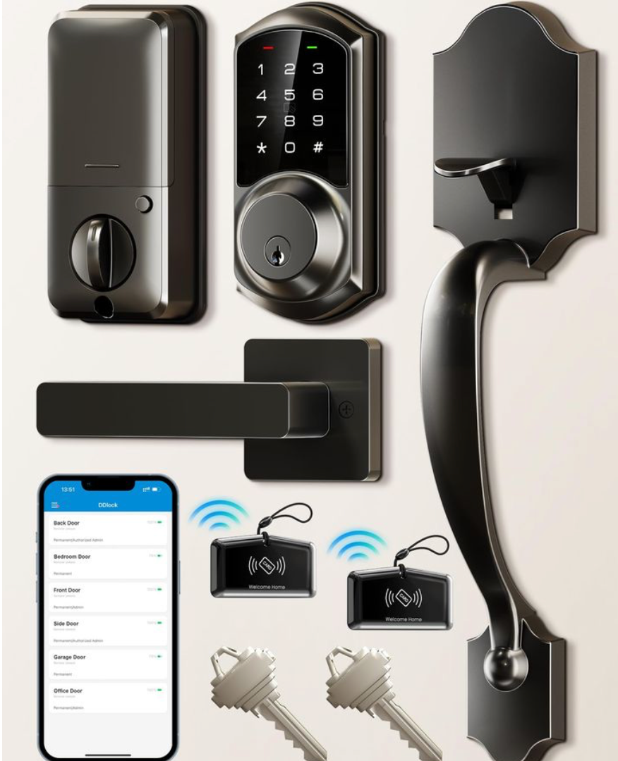 Veise Smart Front Door Lock Keyless Entry Deadbolt with App Control and Lever in Black-image