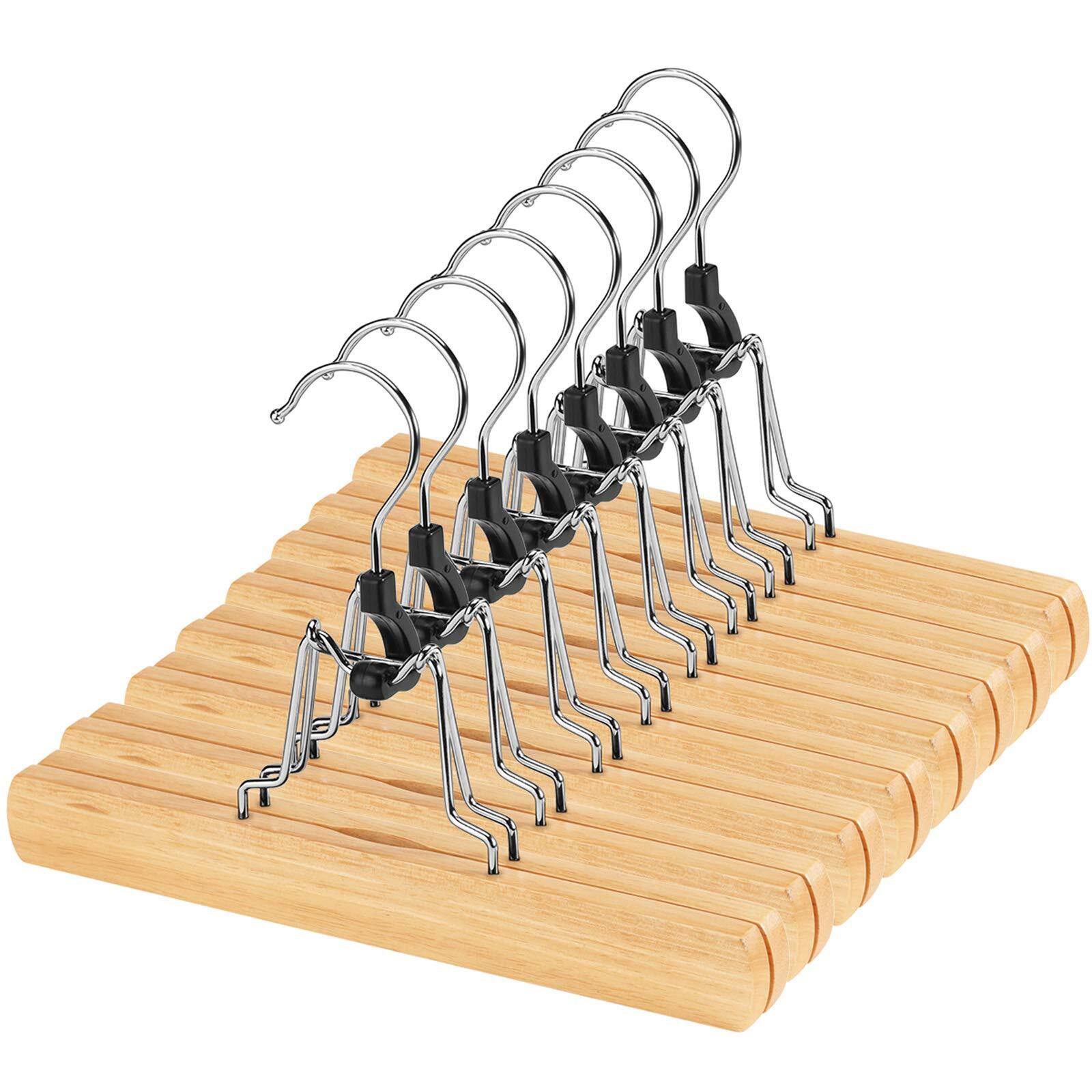 12 Pack Non-Slip Wooden Pant Hangers with Clips for Skirts and Trousers