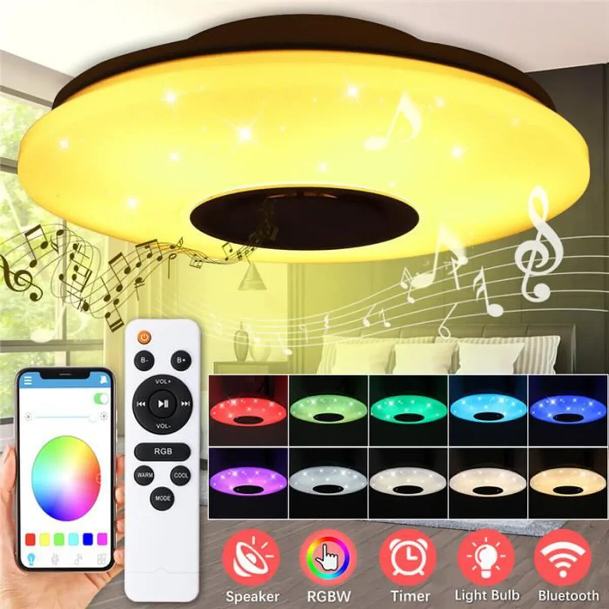 Plafonnier LED 60W Bluetooth télécommandé luminaire plafond musique