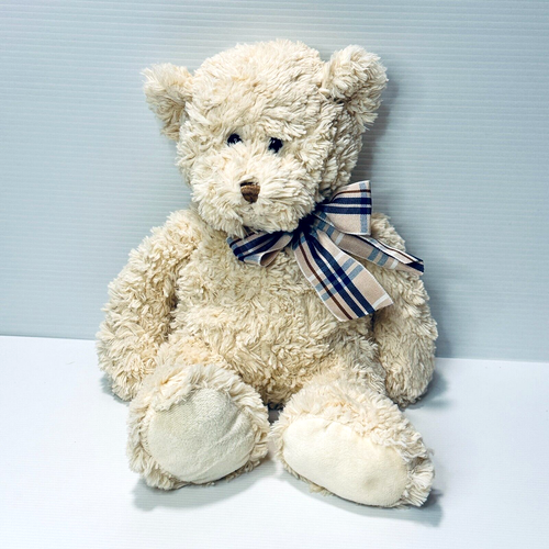 Tim the Toyman Teddy Bear Soft Plush - Cream with Blue Brown Tartan Bow 38cm