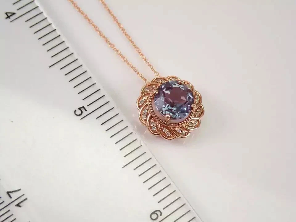 2Ct Round Cut Alexandrite Diamond Halo Pendant 14K Rose Gold Over "18 Free Chain - Image 3 of 4