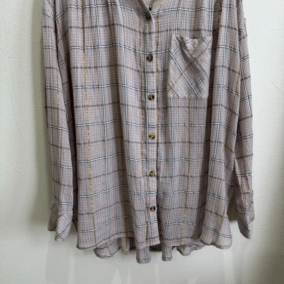 Blusa Free People feminina grande xadrez botão para cima gaze algodão festival de praia costeira - Imagem 3 de 4
