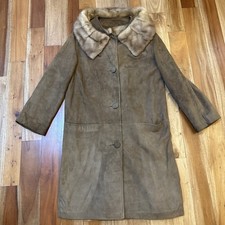 VTG 50-60's Brown Suede Leather Mink Fur Collar Mid Length Coat Women Sz 12