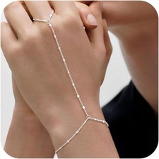 Tewiky Hand Chain Bracelet Ring, 14K Gold Plated/Silver Finger Ring...