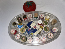 Vintage Thread Master 16 Spool Acrylic Plastic holder with 16 Wood Thread Spools